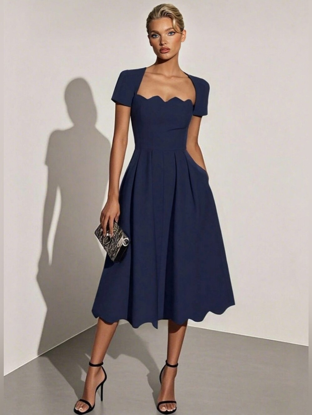 Fehaute Asymmetric Square Neck A-Line Midi Dress Blue Size 8